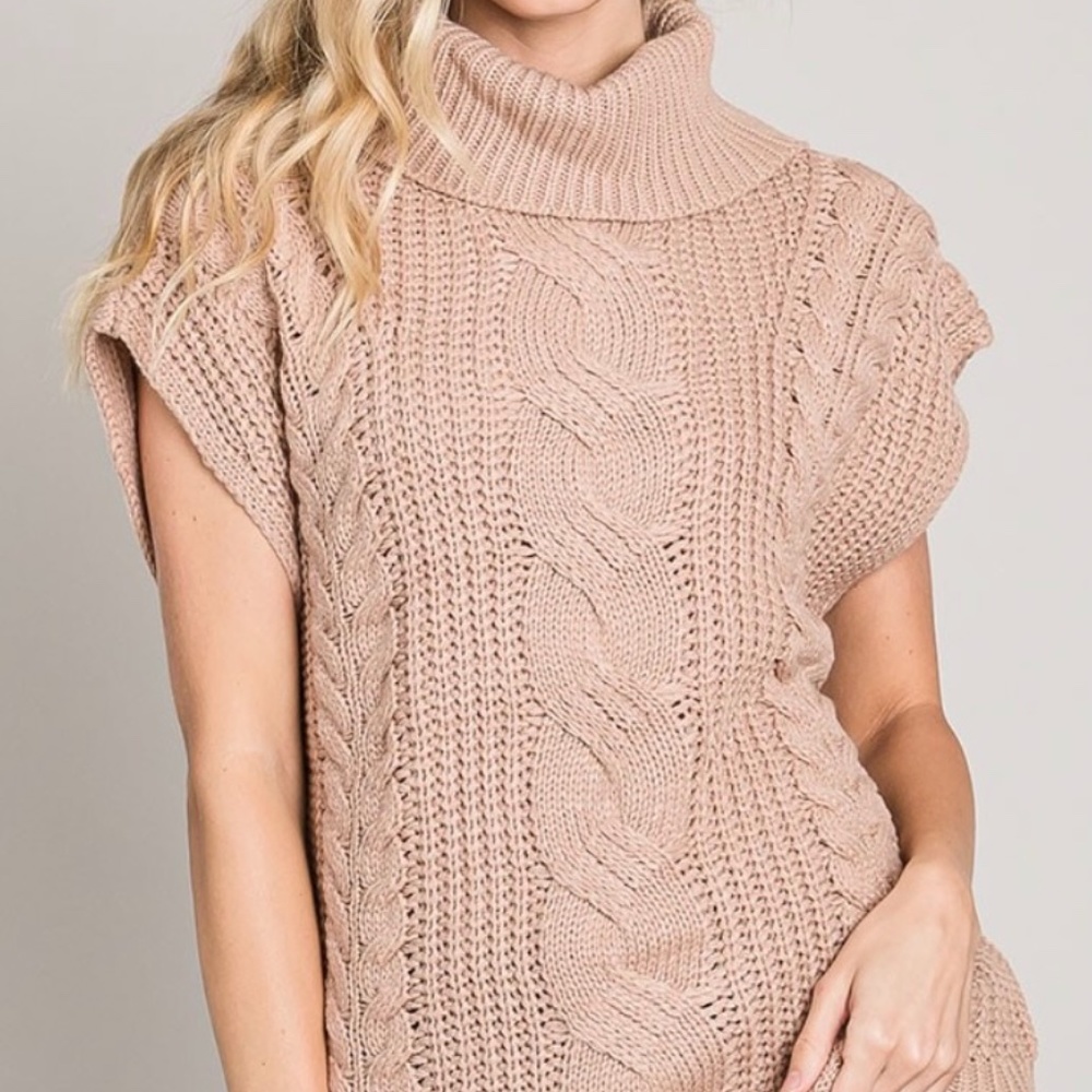 LAST ONE! Beige Cable Knit Sweater Vest Turtleneck - Picture 2 of 3